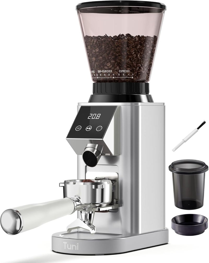 Tuni G1 Conical Burr Coffee Grinder, 48 Grind Settings Anti-static Burr Mill, Precision Electronic Timer and LED Touchscreen for Espresso/Drip/Cold Brew/French Press, Stainless Steel, Silver - Image 1